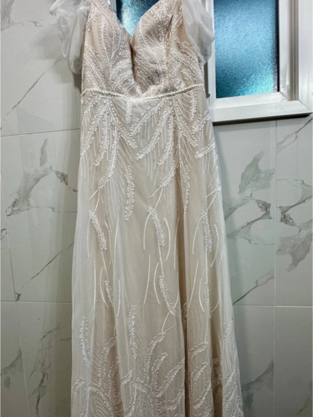 Ever Pretty Beaded Cream Wedding Gown with Sheer Puff Sleeves